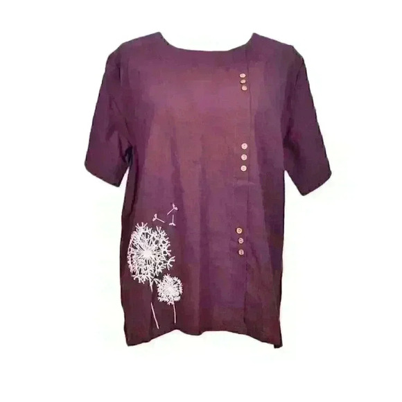 Unbranded Tops - PLUM PURPLE Womans Blouse Top DANDILION Graphic Off Center Button Accent size Lg